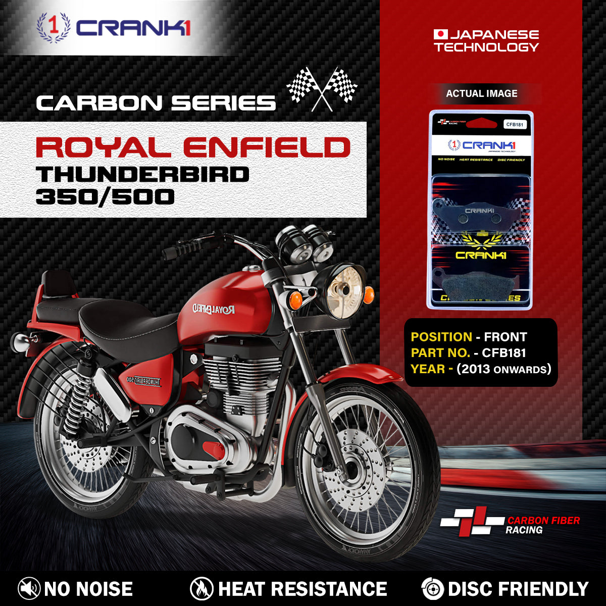 Carbon Brake Pads For Royal Enfield Thunderbird 350 500 2013 Onwards - Front - CFB181 - 1 Set - CRANK1