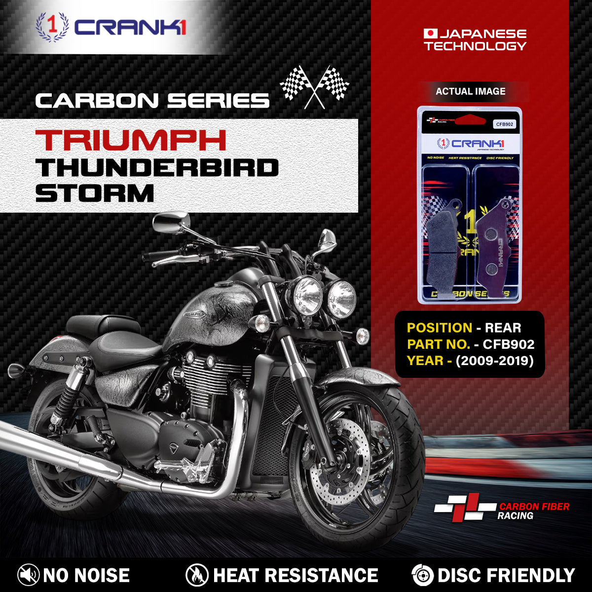 Carbon Brake Pads For Triumph Thunderbird Storm 2009-2019 - Rear - CFB902 - 1 Set - CRANK1