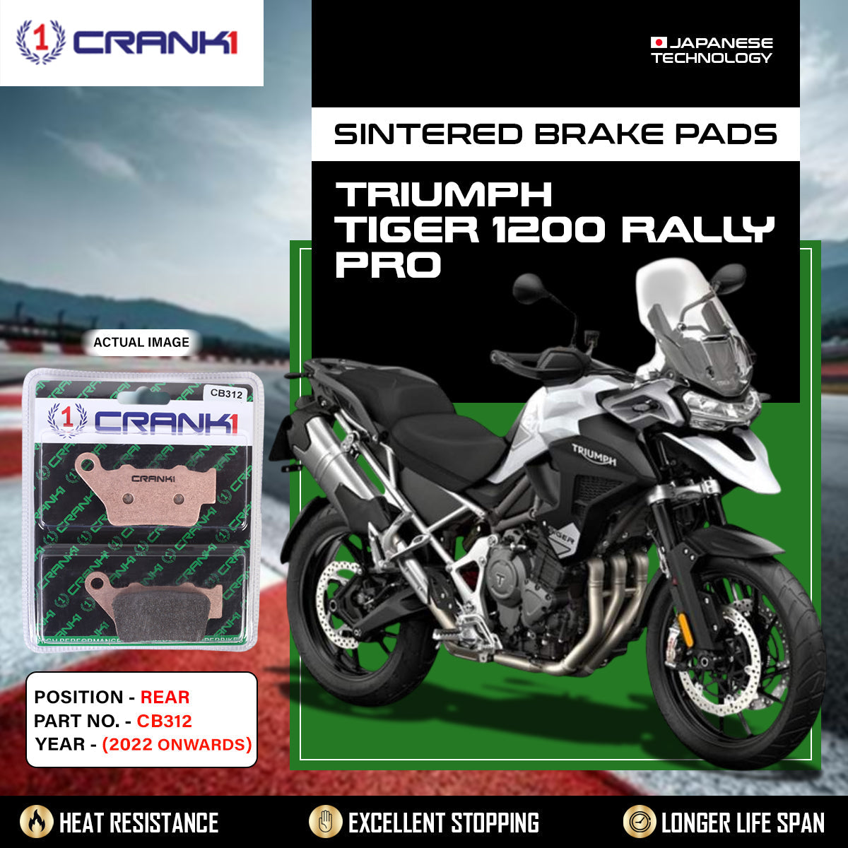 Sintered Brake Pads For Triumph Tiger 1200 Rally Pro 2022 Onwards - Rear - CB312 - 1 Set - CRANK1