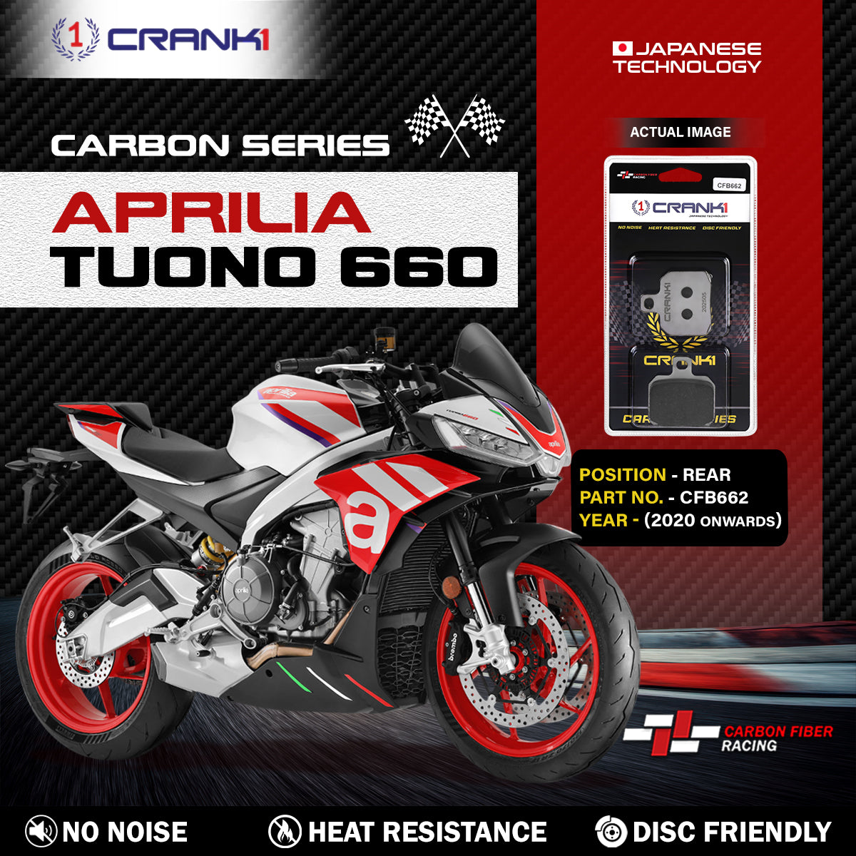 Carbon Brake Pads For Aprilia Tuono 660 2020 Onwards - Rear - CFB662 - 1 Set - CRANK1