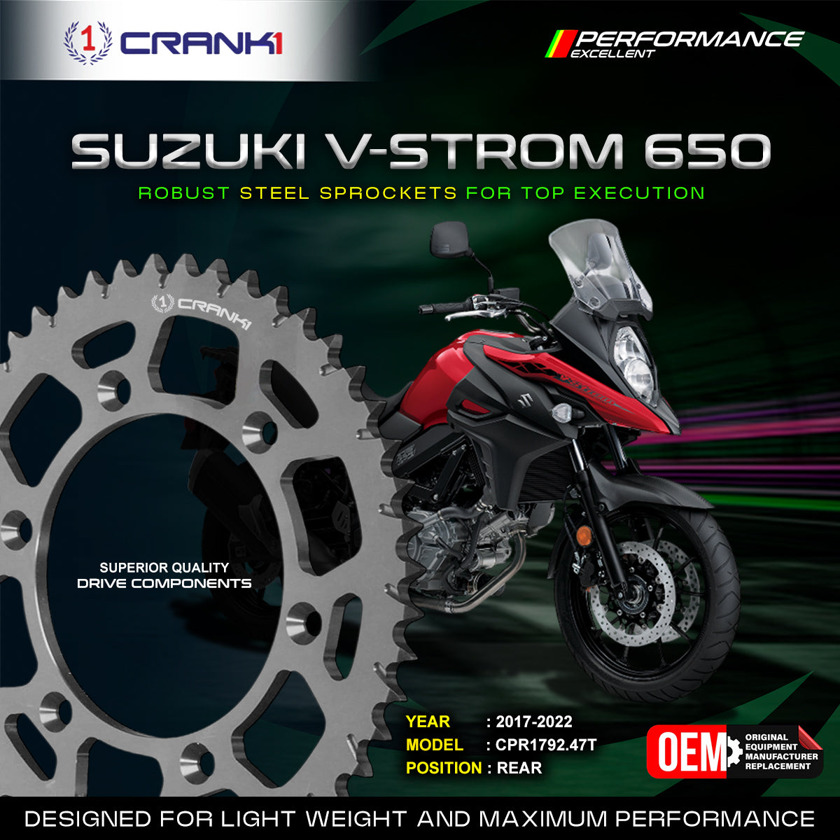 Sprocket For Suzuki V-Strom 650 2017-2022 - Rear - CPR1792 47T - CRANK1