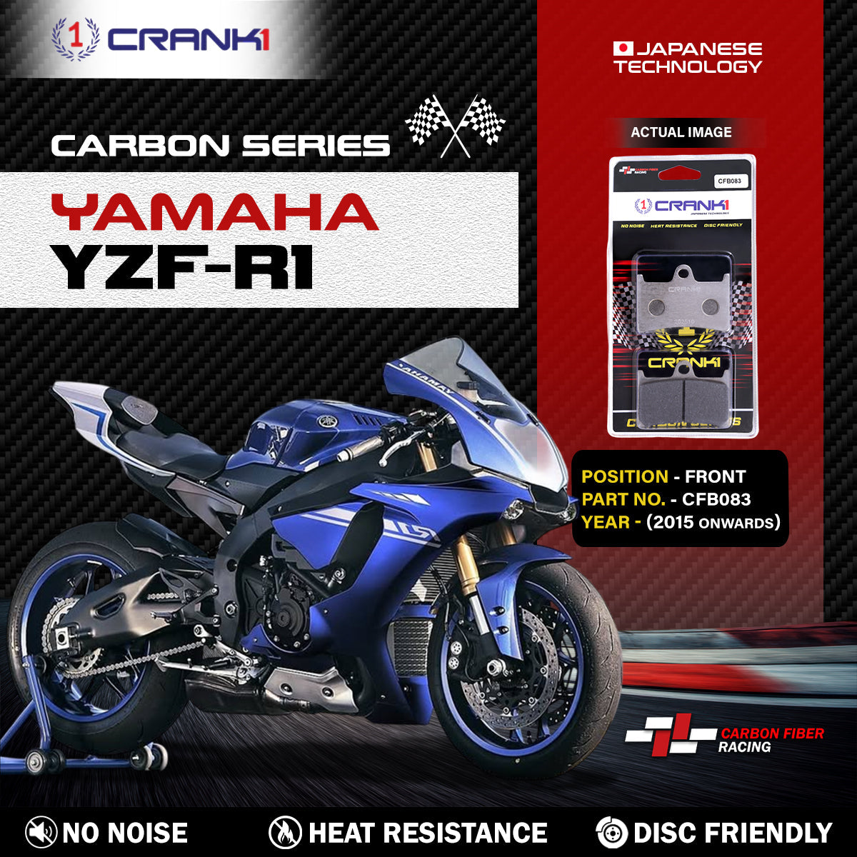 Carbon Brake Pads For Yamaha YZF-R1 2015 Onwards - Front - CFB083 - 2 Sets - CRANK1