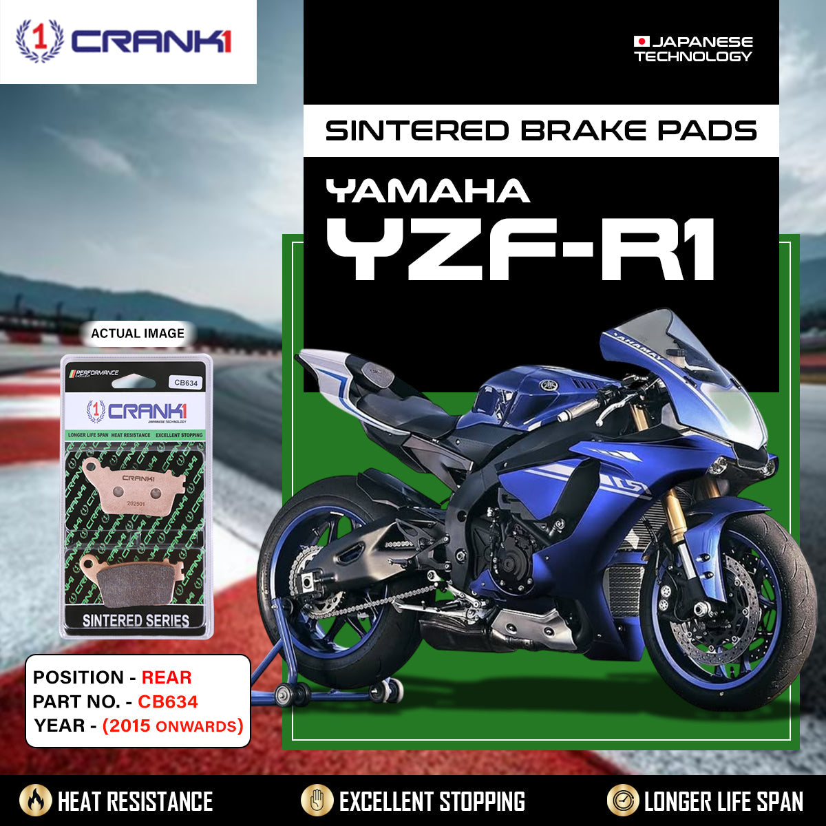 Sintered Brake Pads For Yamaha YZF-R1 2015 Onwards - Rear - CB634 - 1 Set - CRANK1