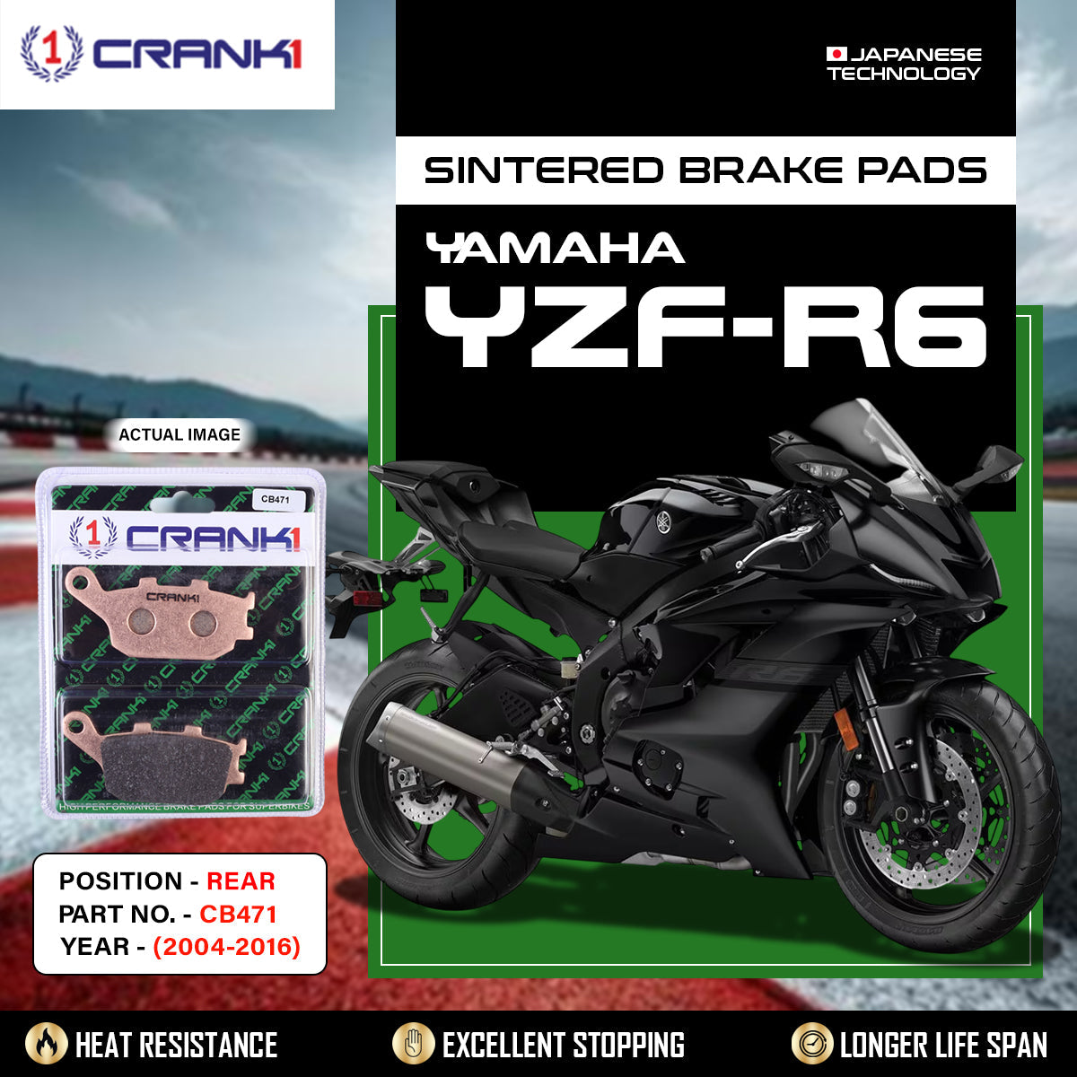 Sintered Brake Pads For Yamaha YZF-R6 2004-2016 - Rear - CB471 - 1 Set - CRANK1