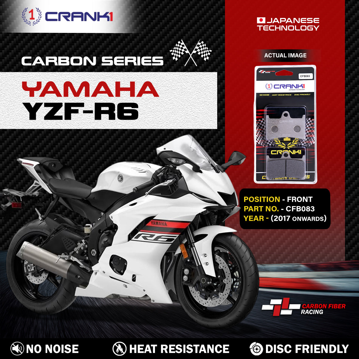 Carbon Brake Pads For Yamaha YZF-R6 2017 Onwards - Front - CFB083 - 2 Sets - CRANK1