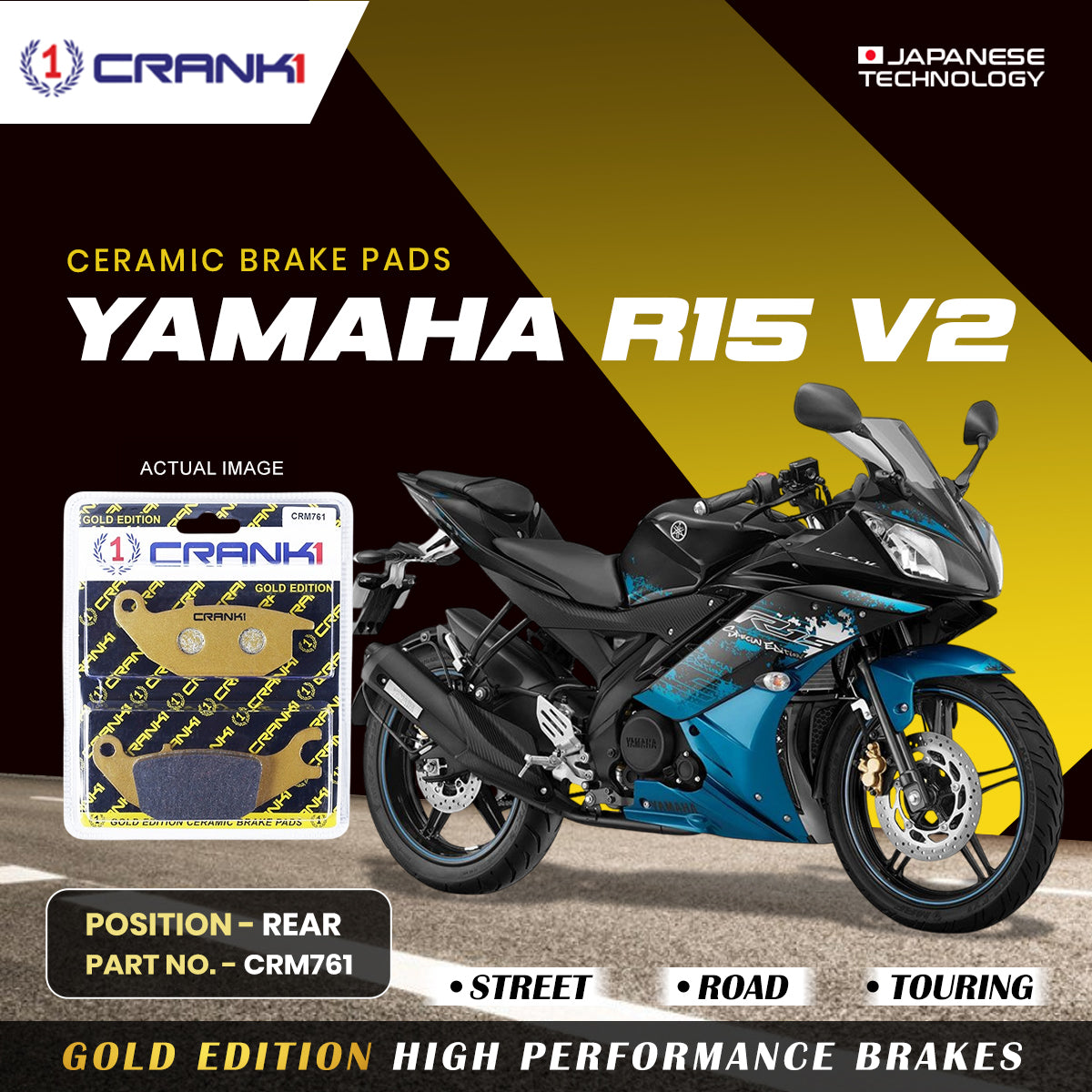 Ceramic Brake Pads For Yamaha R15 V2 Rear CRM761 1 Set CRANK1
