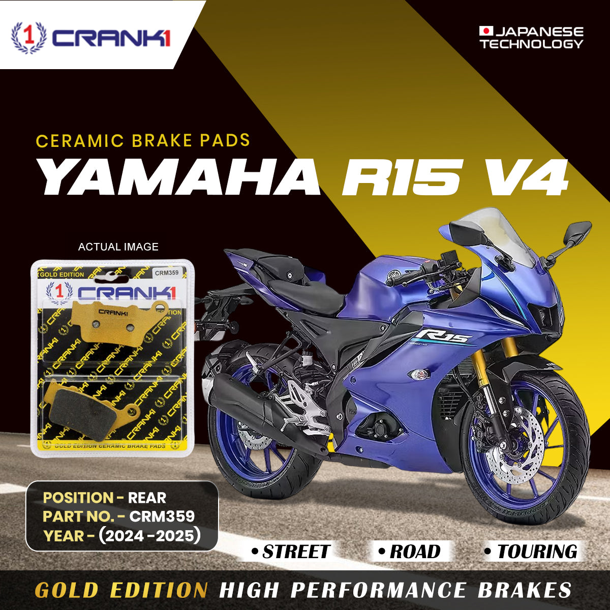Ceramic Brake Pads For Yamaha R15 V4 2024 2025 Rear CRM359 1 Set CRANK1