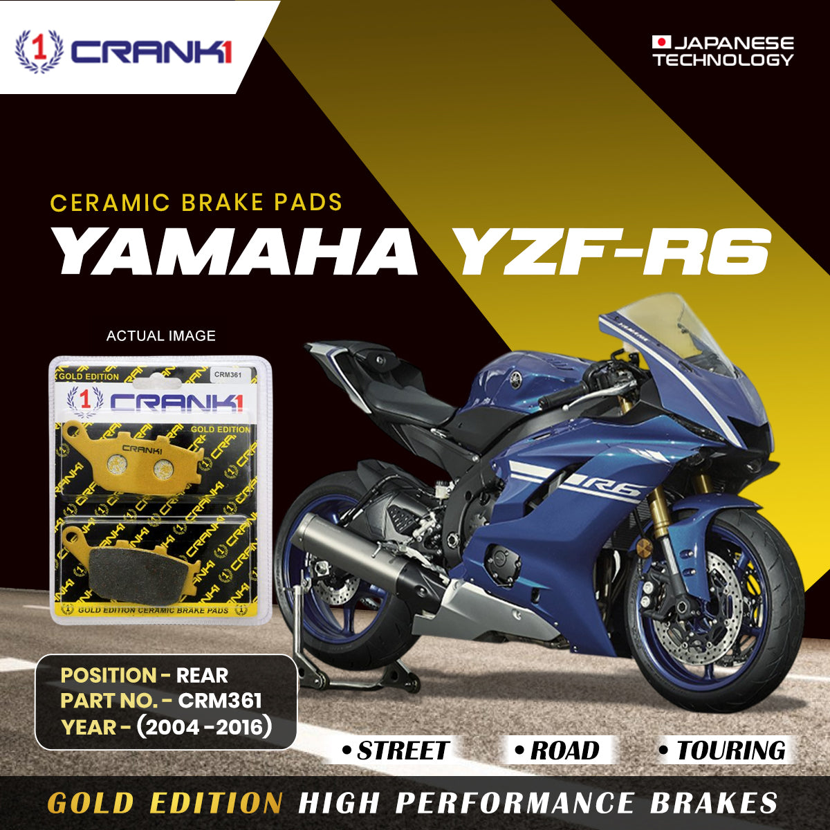 Ceramic Brake Pads For Yamaha YZF R6 2004 2016 Rear CRM361 1 Set CRANK1