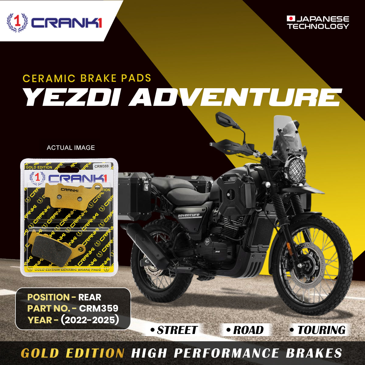 Ceramic Brake Pads For Yezdi Adventure 2022 2025 Rear CRM359 1 Set CRANK1