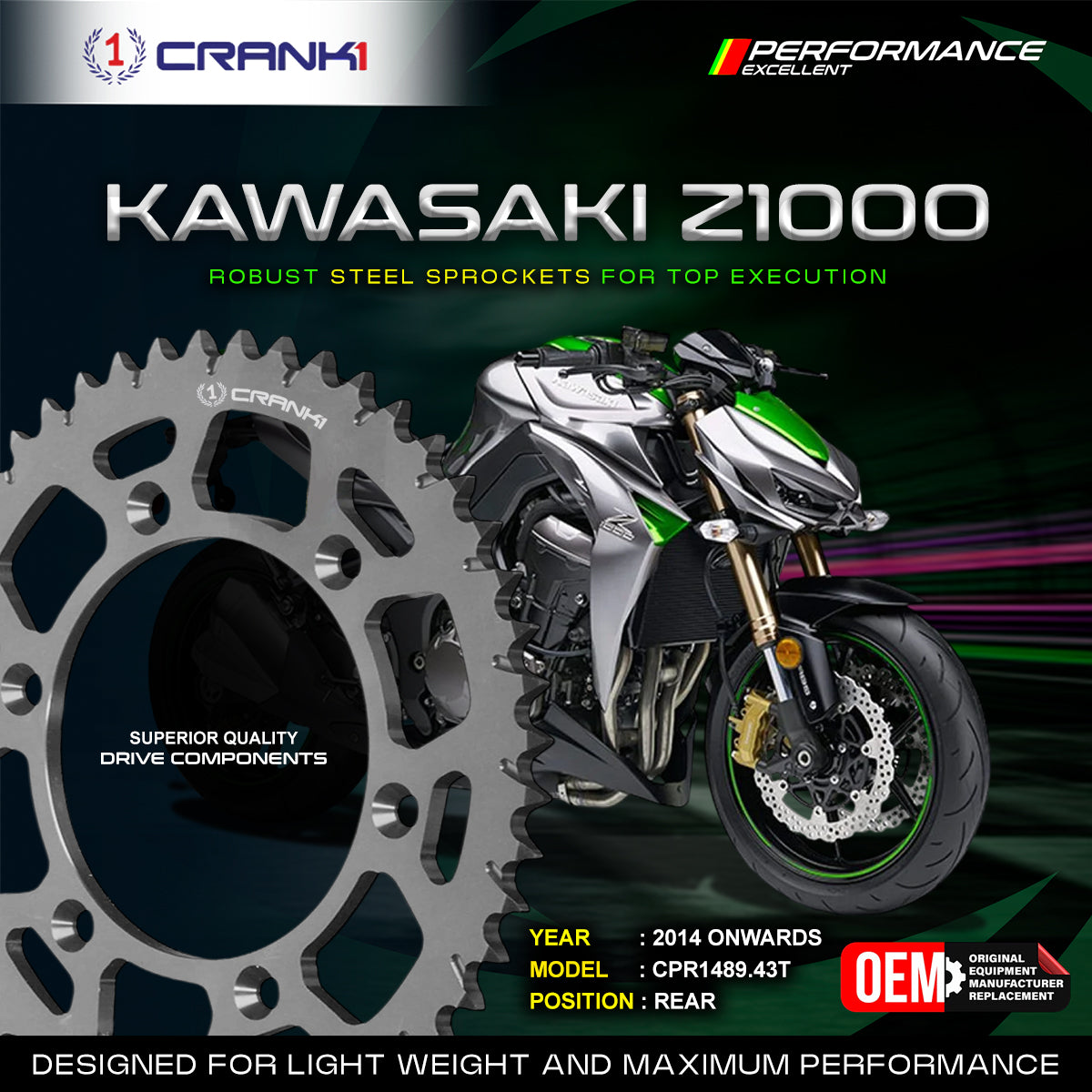 Sprocket For Kawasaki Z1000 2014 Onwards - Rear - CPR1489 43T - CRANK1
