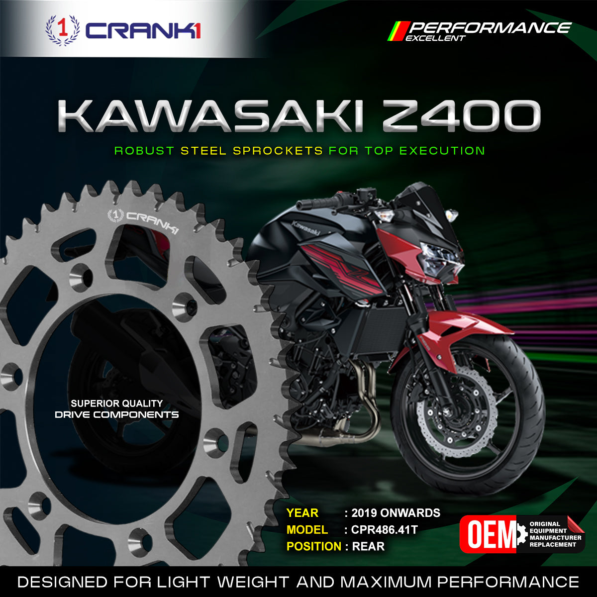 Sprocket For Kawasaki Z400 2019 Onwards - Rear - CPR486 41T - CRANK1