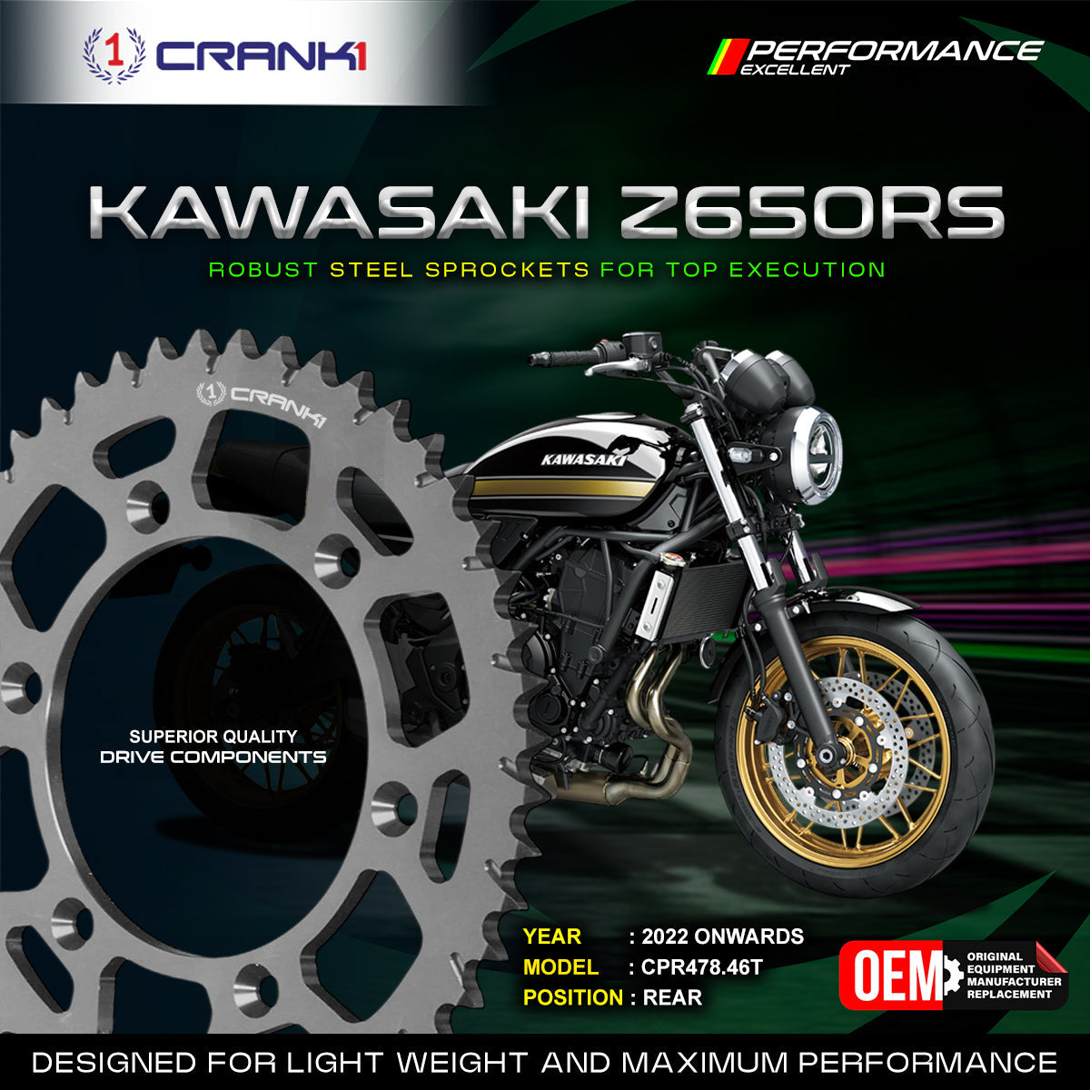 Sprocket For Kawasaki Z650RS 2022 Onwards - Rear - CPR478 46T - CRANK1