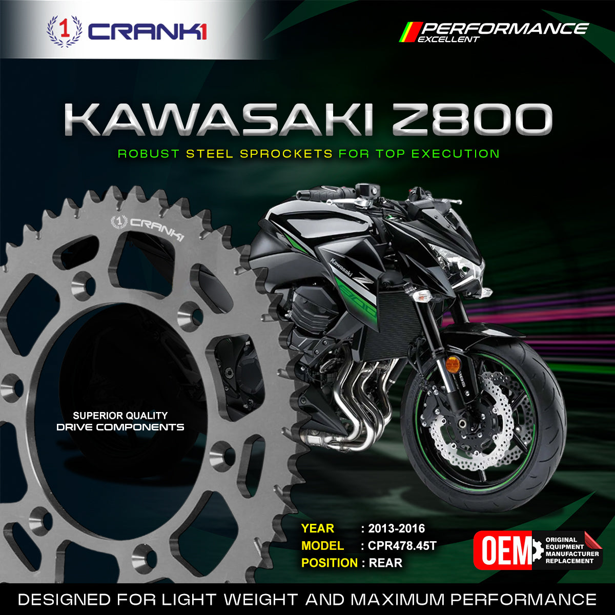 Sprocket For Kawasaki Z800 2013-2016 - Rear - CPR478 45T - CRANK1