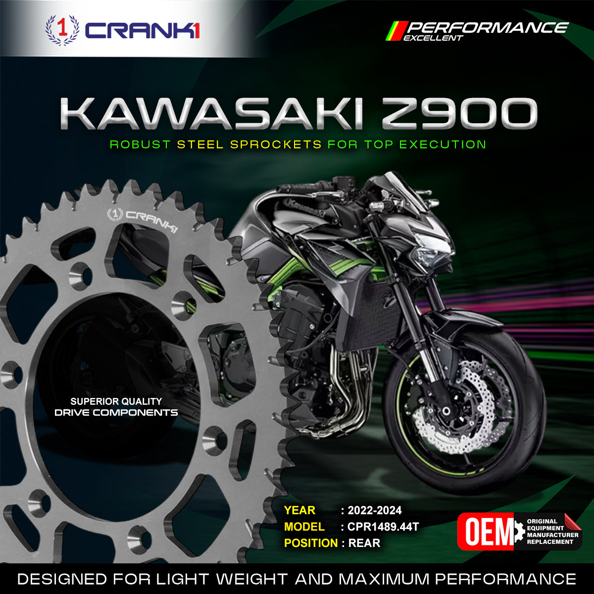 Sprocket For Kawasaki Z900 2022-2024 - Rear - CPR1489 44T - CRANK1